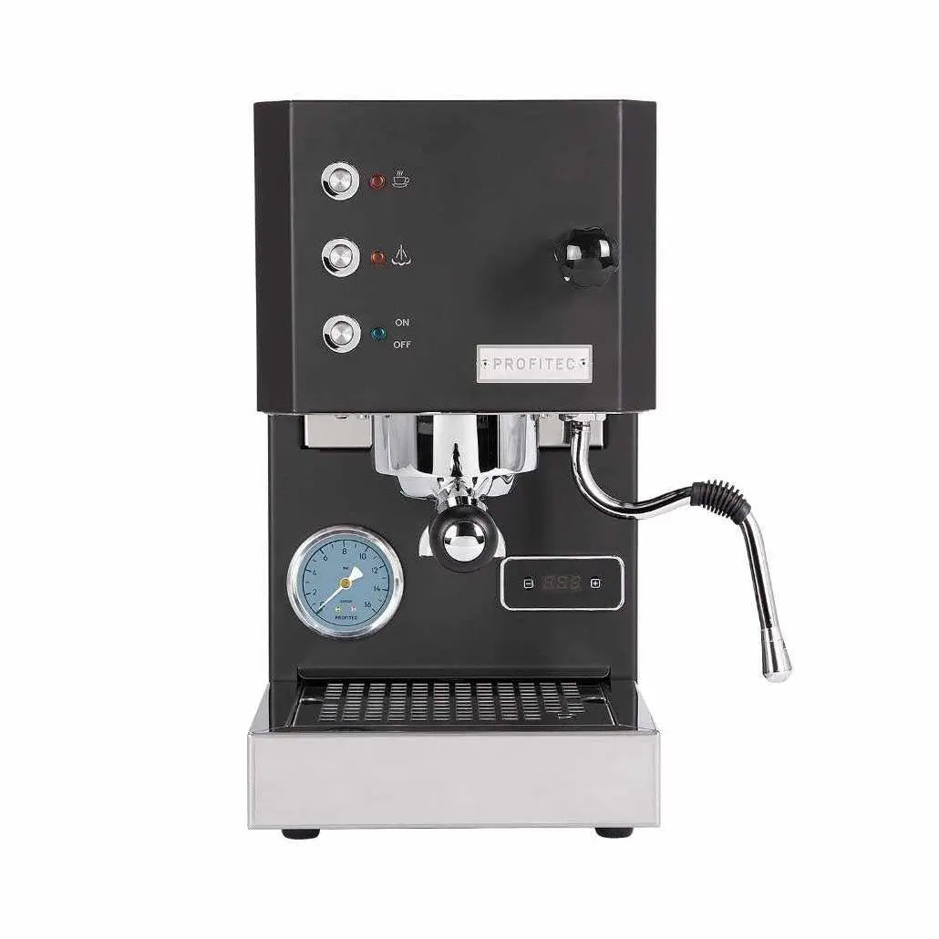 Profitec GO fekete espressogép Nyomásmérővel és Gőzkaros professzionális kávékészítéshez.