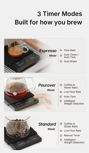Fekete kávémérleg több időzítő beállítással és precizitással eszpresszóhoz és főzéshez, barista kiegészítők, minden a kávéról.