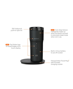 Electric Coffee Travel Mug fekete V2 - 355ml érintőképernyős kijelzővel és töltőlapkával, elegáns fekete dizájn.