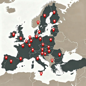 Karta över Europa med röda markörer som visar utvalda platser i flera europeiska länder.