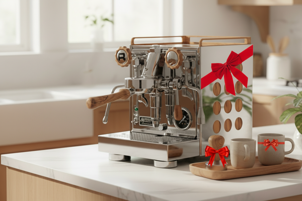 Förbättrad espressomaskin herobild med juldekorationer